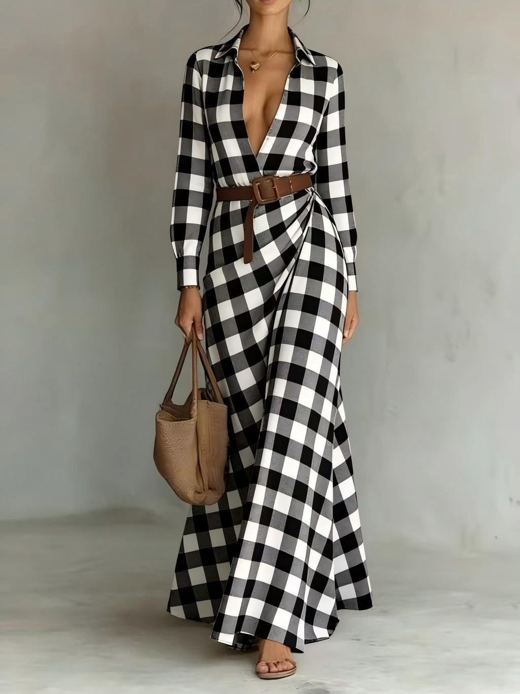 Slim-Fit Pleated Midi Dress with Belt — Plaid & Solid