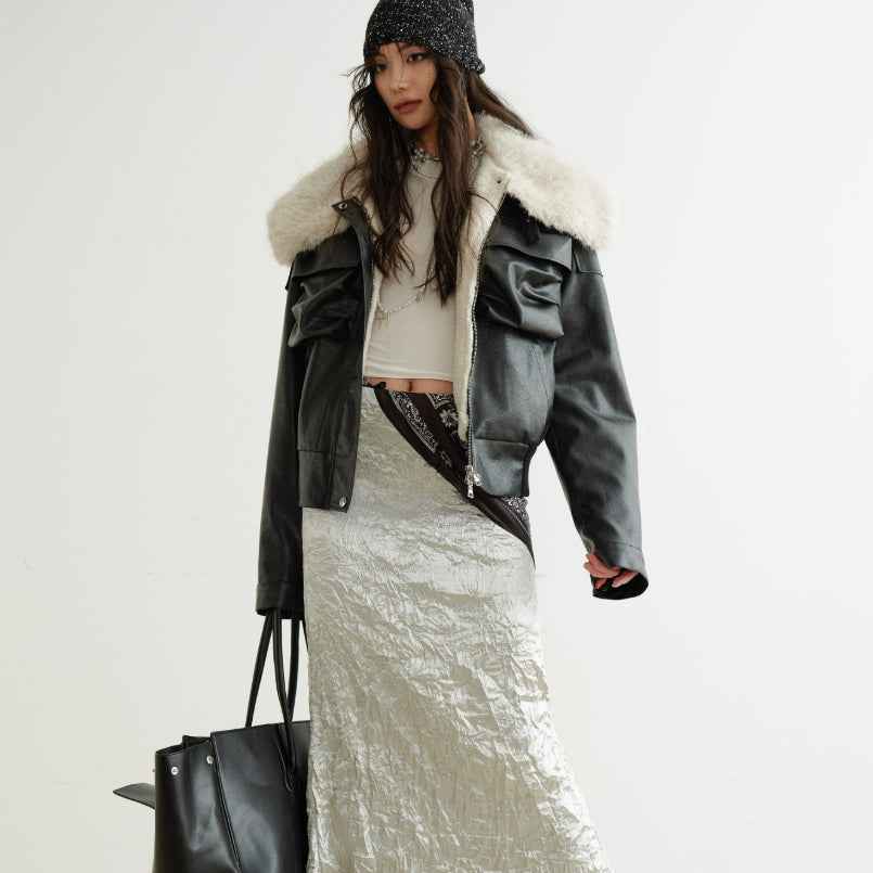 Color-Block PU Leather Jacket – Fur Collar, Turtleneck, Loose Fit