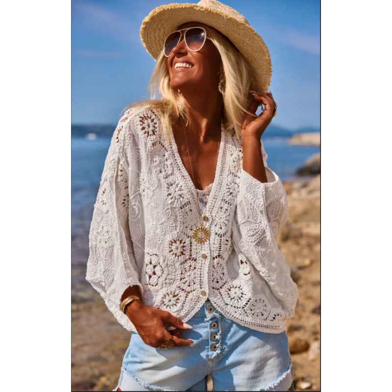Crochet Lace Sun-Protective Shirt – One-Shoulder Batwing Sleeve