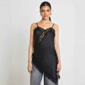 Asymmetric Lace-Trim Satin Slip Midi Dress