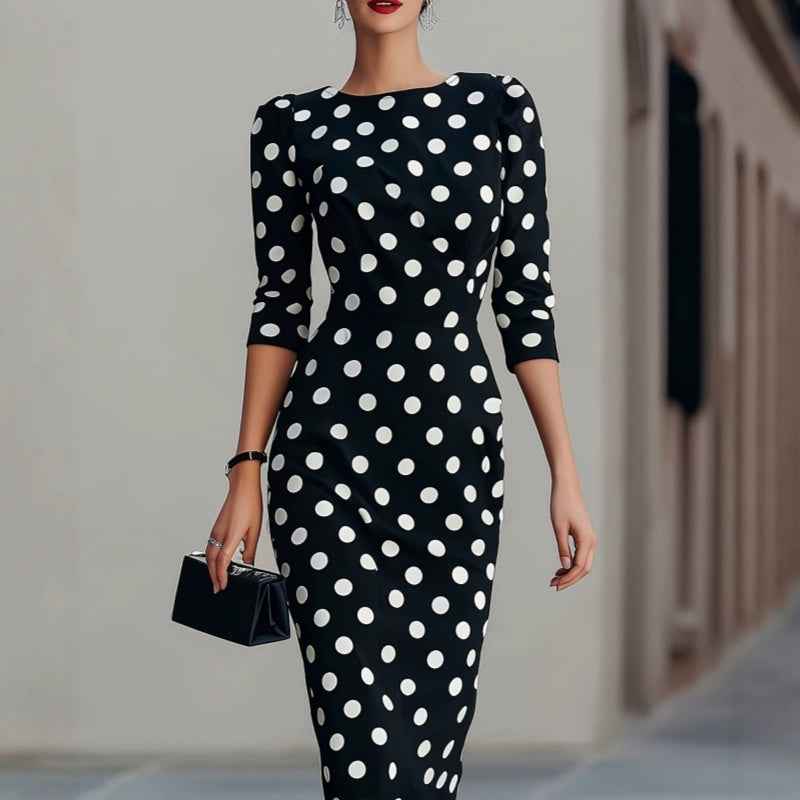 Women's Polka Dot Long-Sleeve Slim Midi Dress — Black, S–2XL