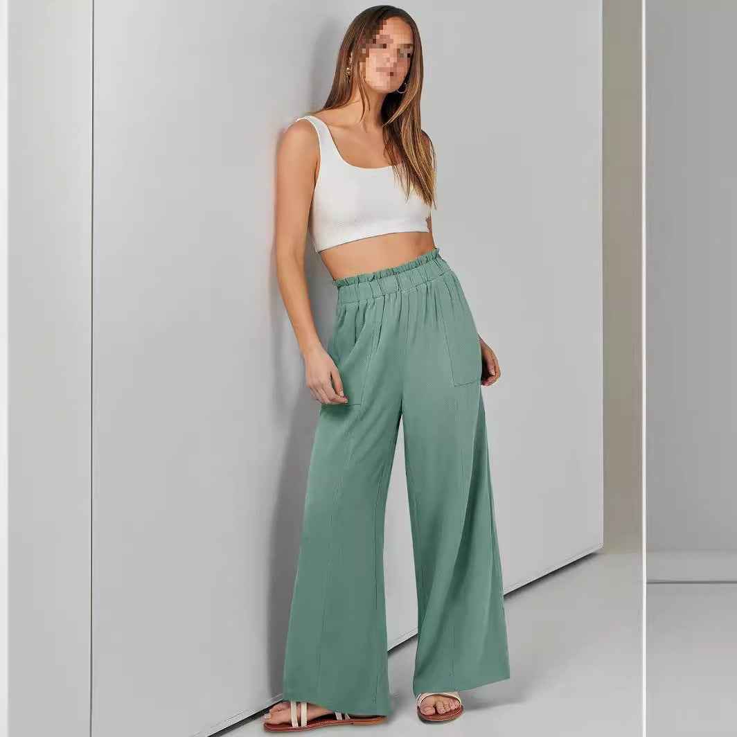 Solid-color High-waisted Loose-fit Casual Wide-leg Pants