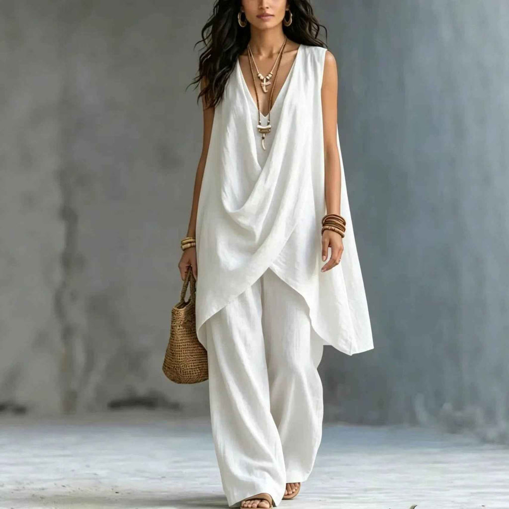 Cotton-Linen Pleated Sleeveless Cardigan & Trousers Artistic Resort Two-Piece Set
