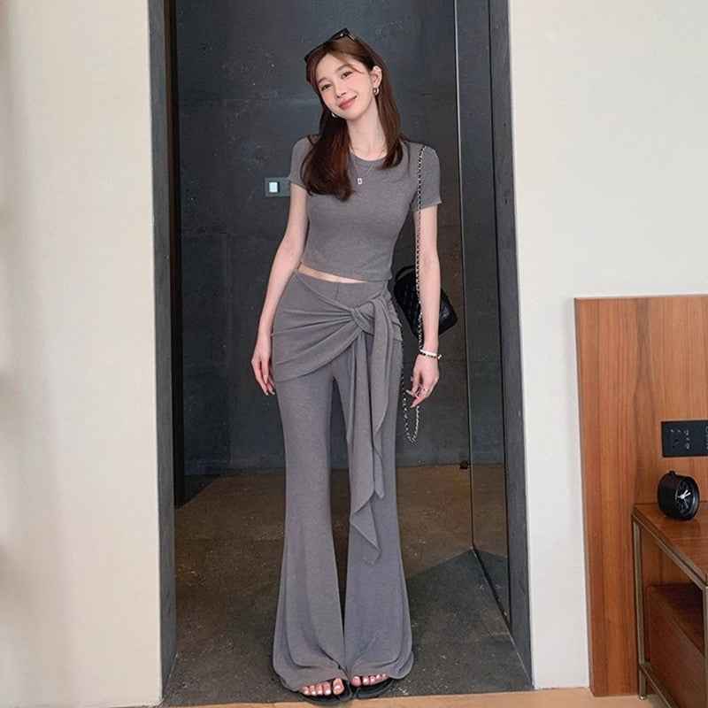 Womens Summer American-Style Short T-Shirt Mock Two-Piece Lace-Up Flare Pants Ultra-Stretch Yoga Two-Piece Set