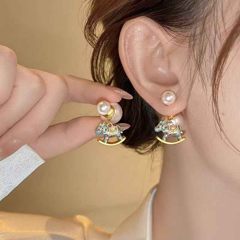Year Of The Horse Pearl & Enamel Horse Earrings, Light Luxury Niche Autumn Winter Jewelry