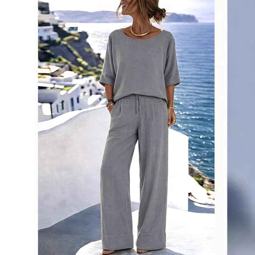 Knitted Short-Sleeve Top & Wide-Leg Pants Bohemian Resort Two-Piece Set