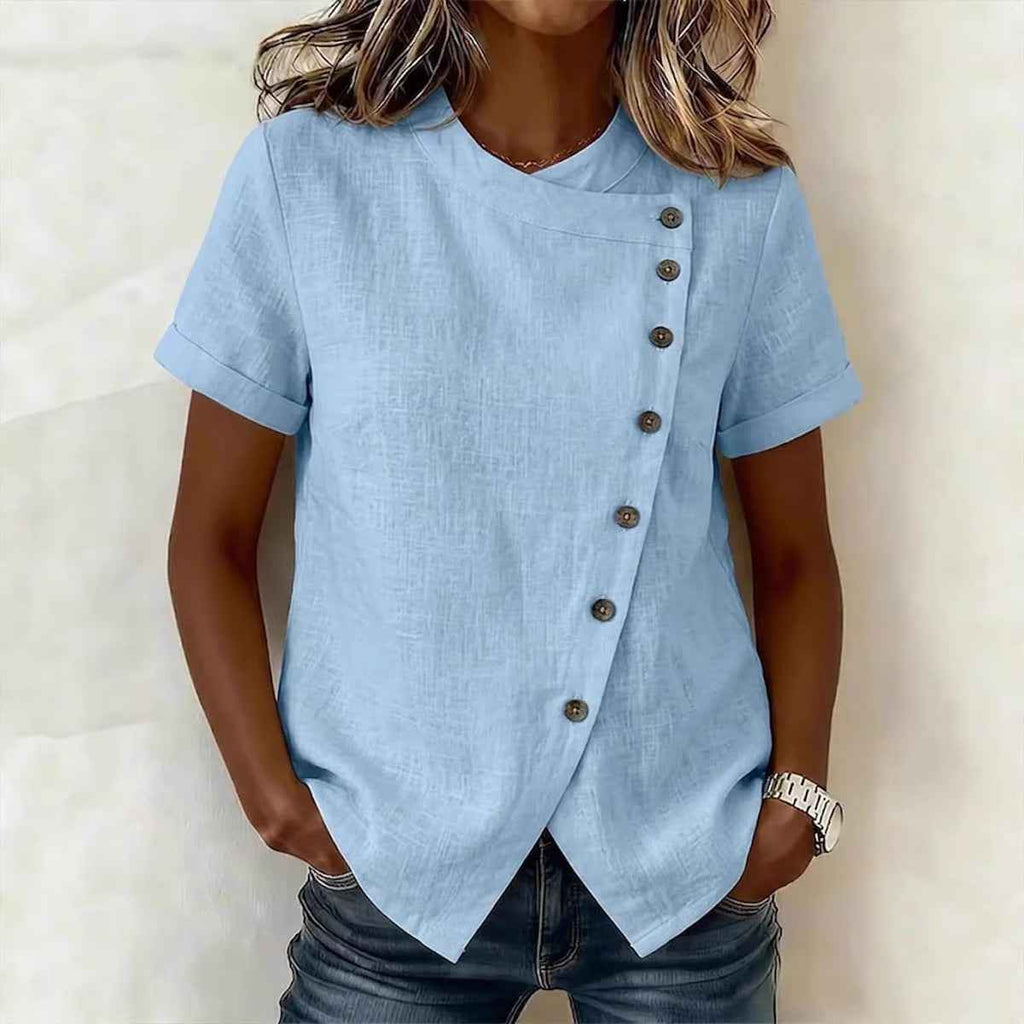 Cross-Neckline Asymmetrical Short-Sleeve Top – Loose Casual Fit