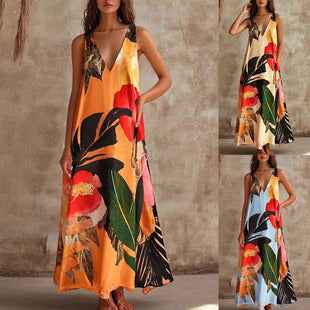 V-Neck Printed Sleeveless Vest Dress — Loose Fit Mid-Rise