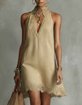 Deep V-neck Pleated Solid-color Casual Dress