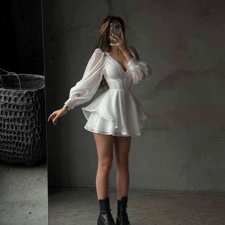 V-Neck Corset Boned Balloon-Sleeve Layered Mini Dress