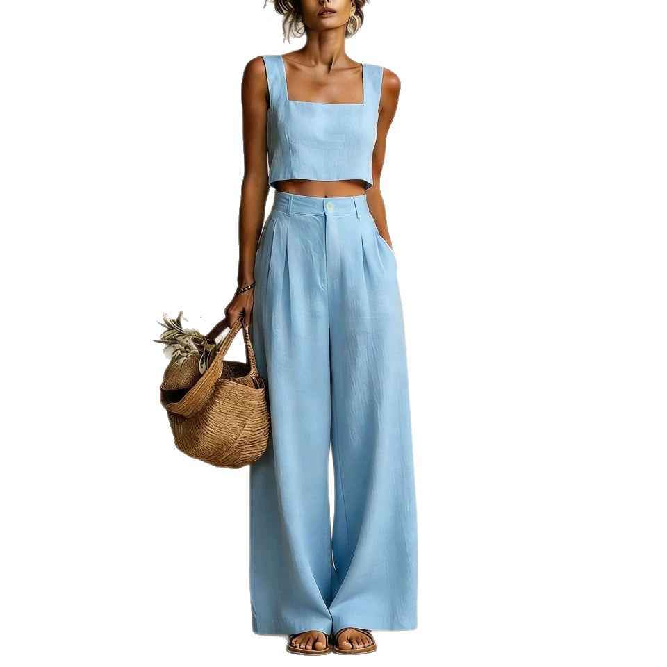 Square-Neck Vest & Wide-Leg Trousers Set – Minimalist Two-Piece