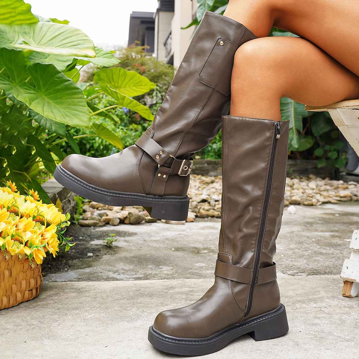 Chunky Heel High-Top Boots — Belt Buckle, Side Zip, British Style