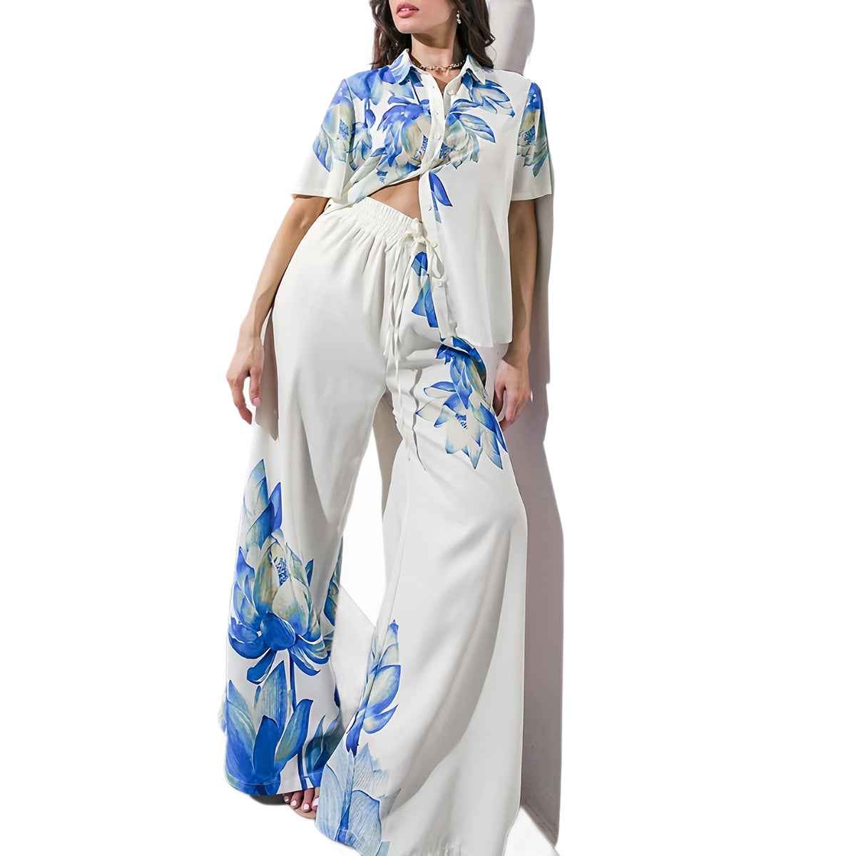 Printed 3/4-Sleeve Top & Wide-Leg Trousers Set — Summer Casual