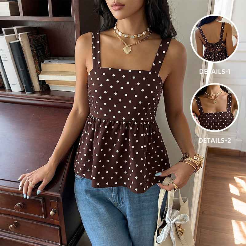 French-style Vintage Wave-patterned Square-neck Ruffled-strap Womens Camisole