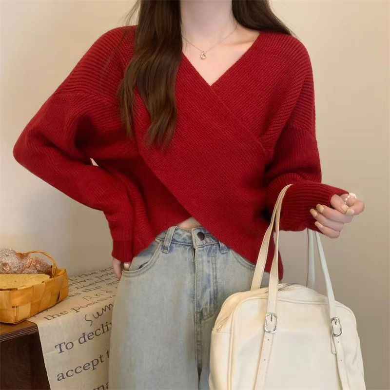 V-neck Solid-color Off-shoulder Knit Pullover For Women