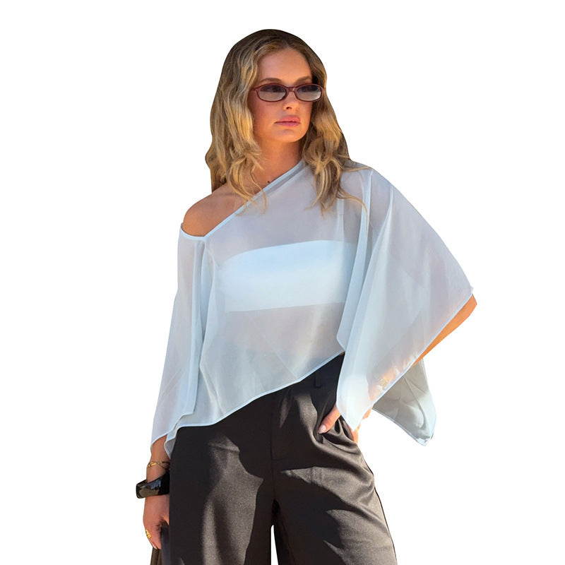 Pearl Chiffon Off-Shoulder Sleeveless Loose-Fit Top