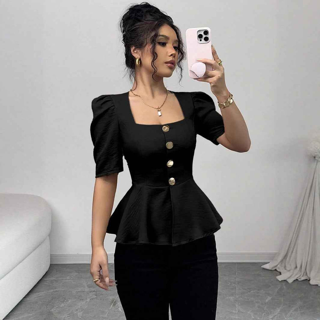 Square-Neck Puff Sleeve Button-Detail Slim Blouse