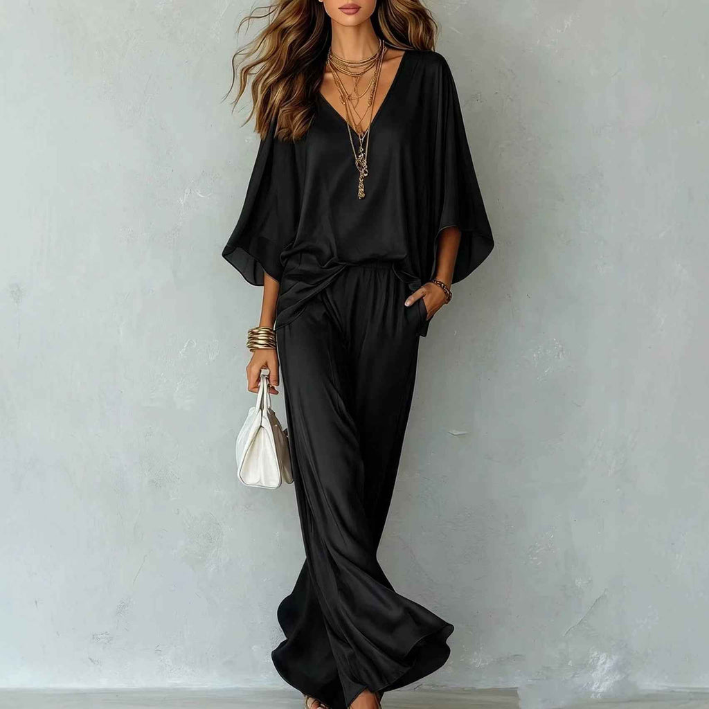 Batwing-Sleeve Top & Wide-Leg Pants Set – Solid Colour