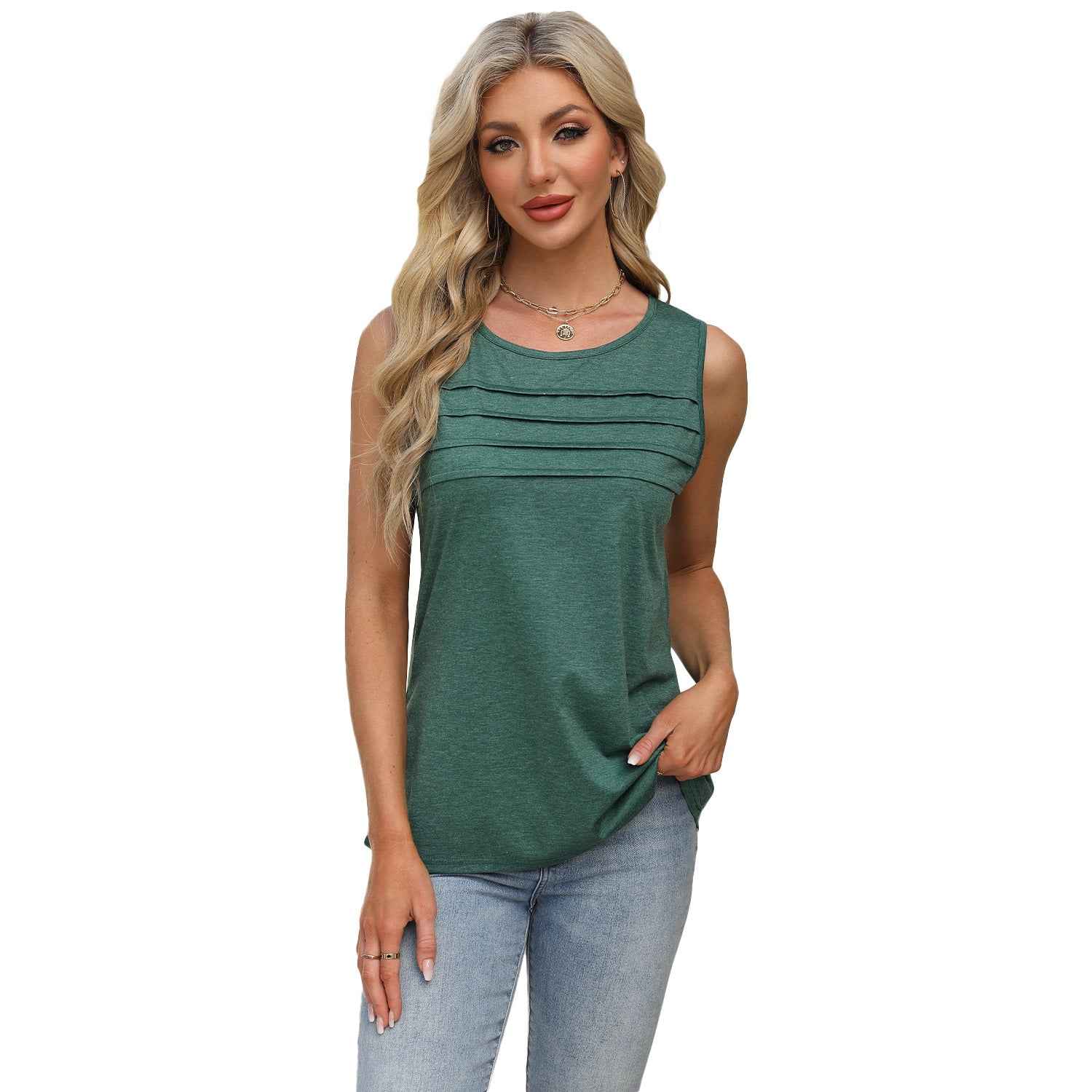 Solid-color U-neck Pleated Tank Top T-shirt