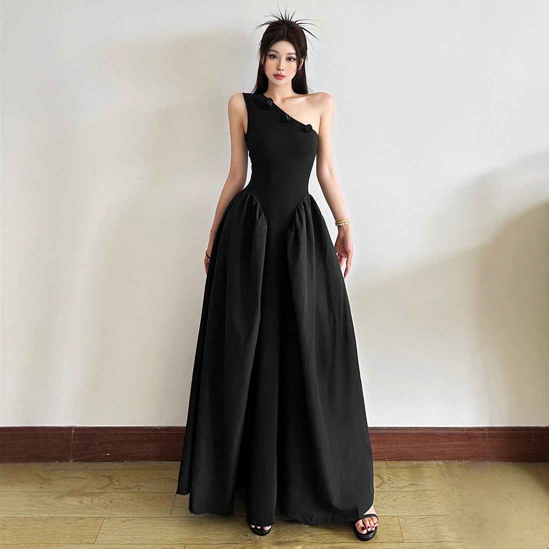 Patchwork A-Line Maxi Dress — High Waist, Sleeveless Strap, Minimalist