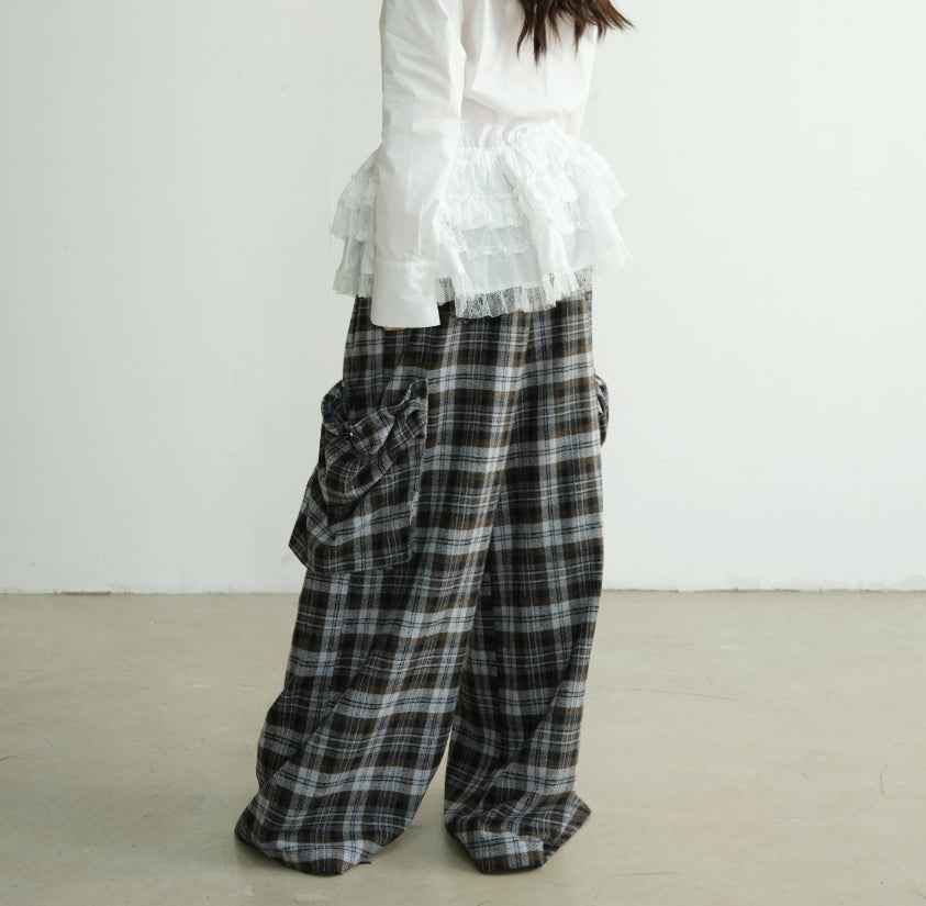 Women's Plaid Wide-Leg Trousers — Double Waistband & 3D Pockets