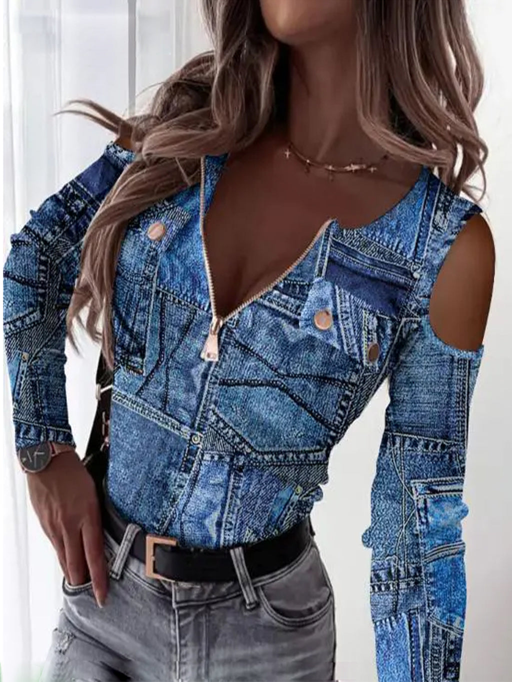 Front-Zip Printed Top — Slim Fit