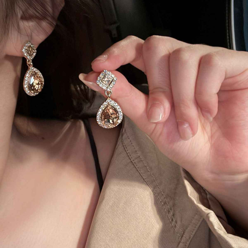 S925 Silver Super Sparkling Paved Rhinestone Teardrop Earrings For Women, Korean Personalized Versatile Drop Earrings, European American Exaggerated Stud & Clip On Ear Jewelry