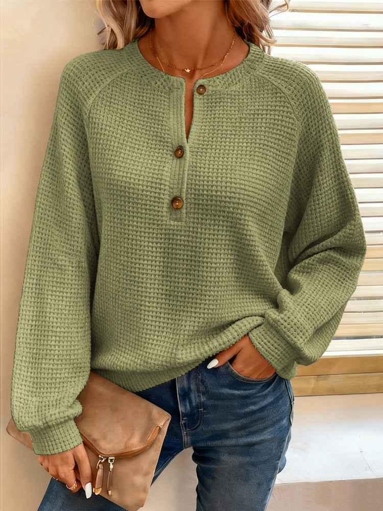 Waffle Knit Henley Top | Raglan Long Sleeve Loose Fit