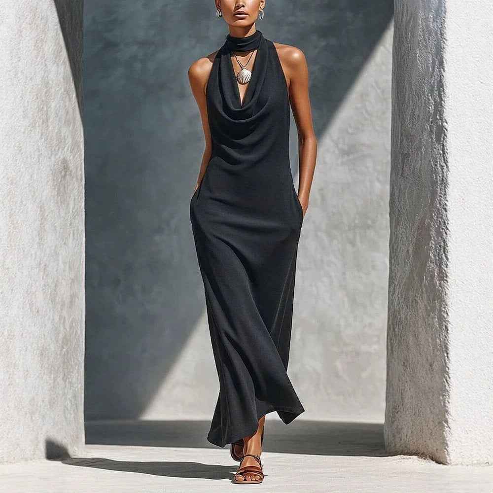 Sleeveless High-Waist Slim-Fit Halter Maxi Dress with Pockets