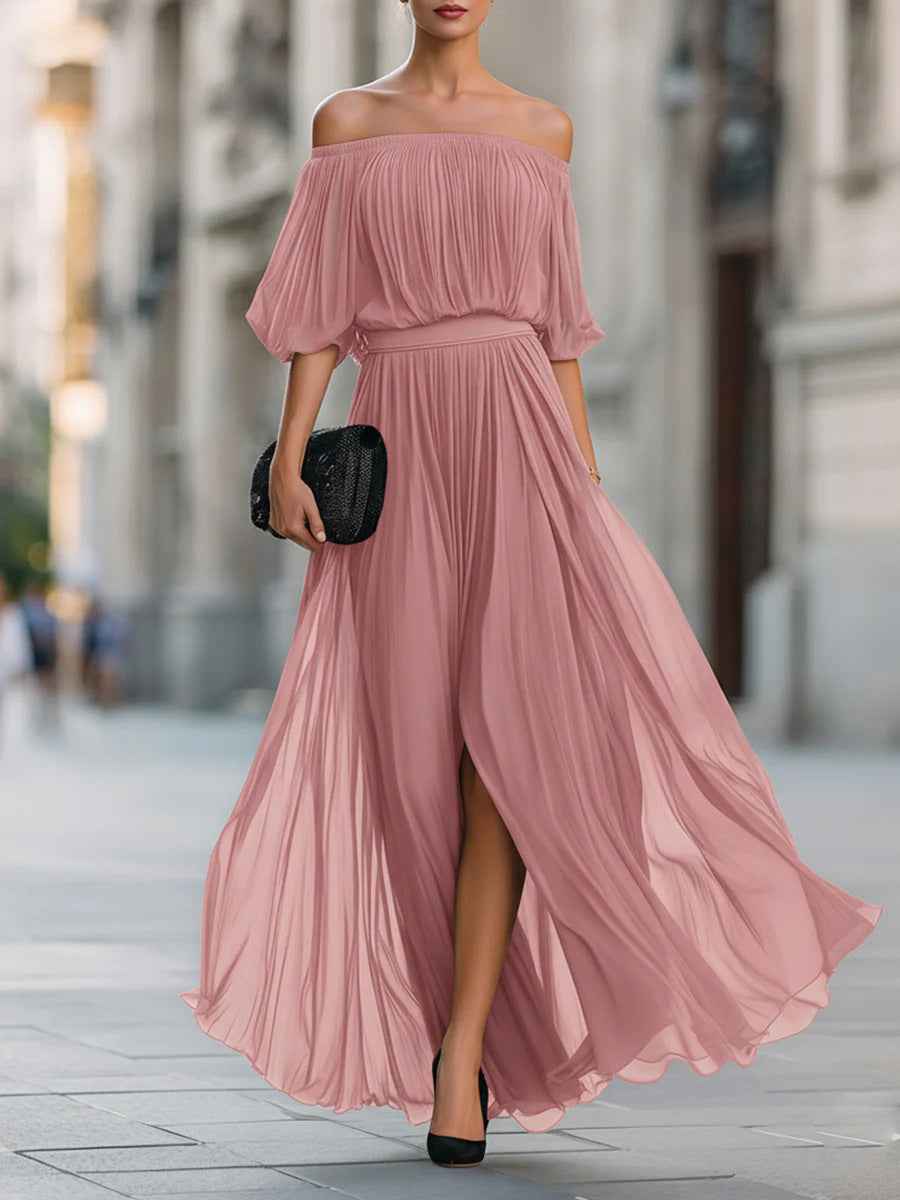 Off-Shoulder Pleated Chiffon Midi Dress — Short Sleeve Slim-Fit