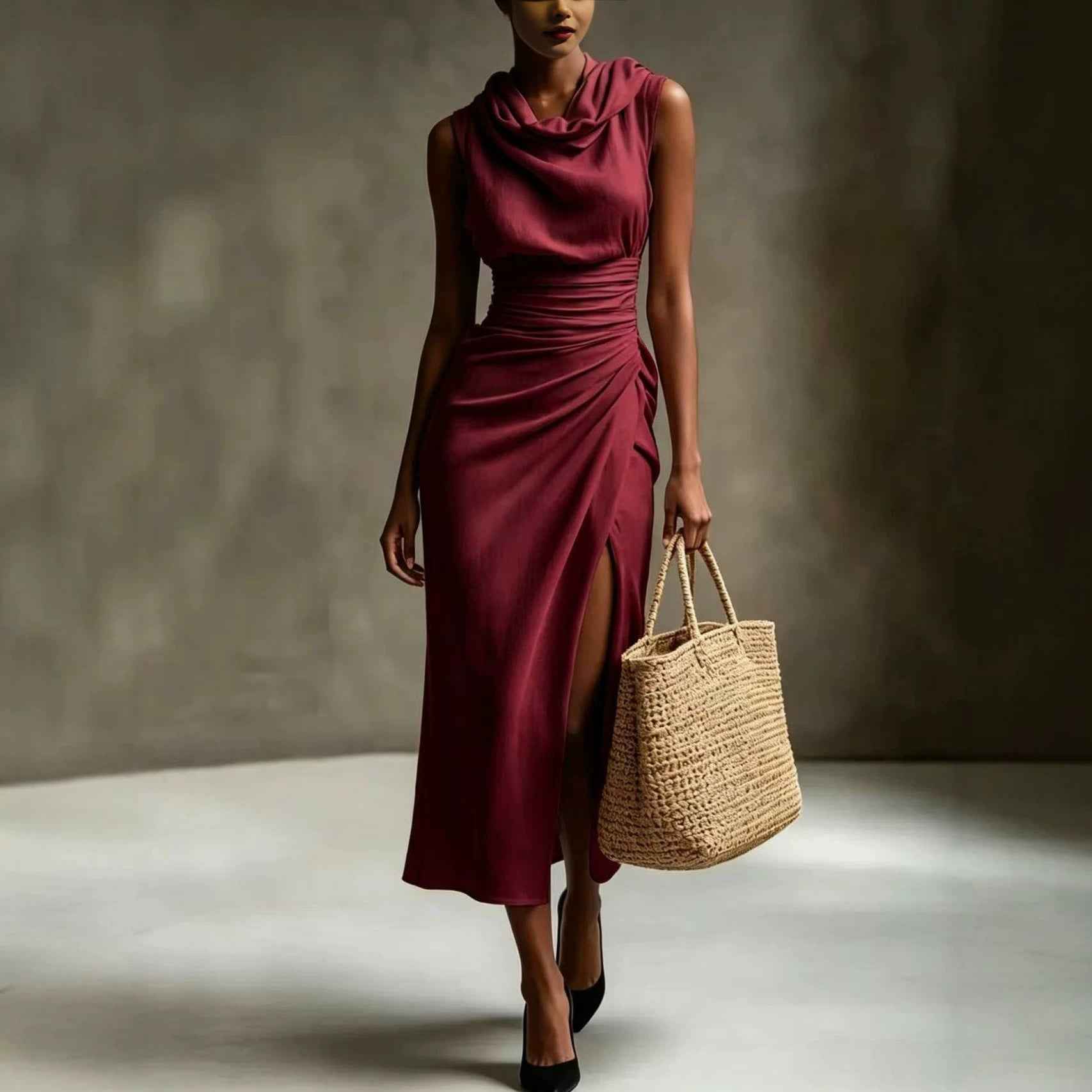 Sleeveless High-Waist Pleated Ruched Backless Slit Cotton-Linen Maxi Dress