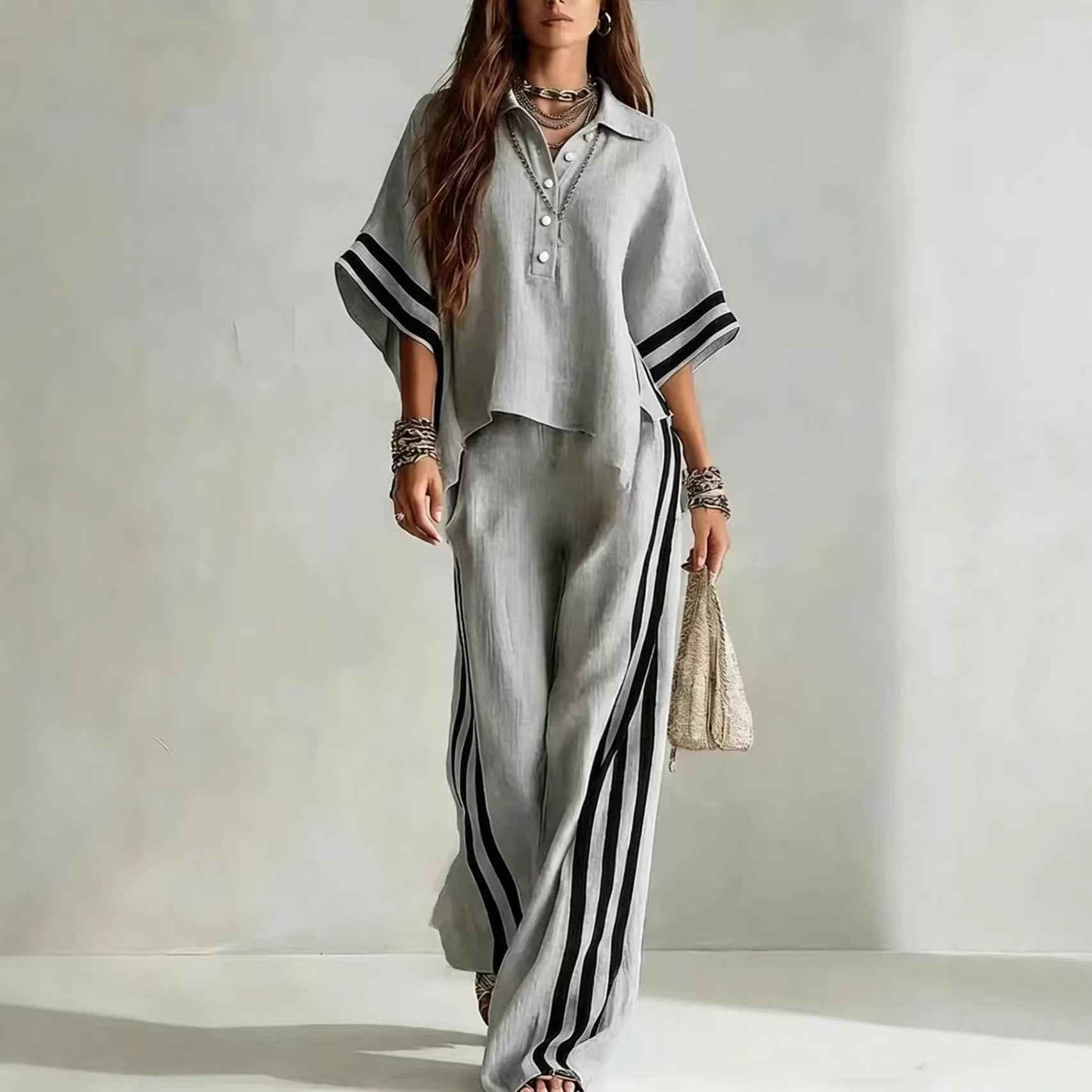 3/4-Sleeve Shirt & Wide-Leg Trousers Set — Plus Size, Commuter Style