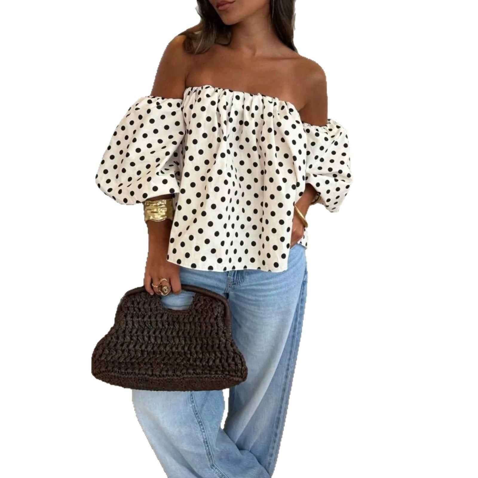 Off-Shoulder Polka Dot Top — Puff Lantern Sleeves