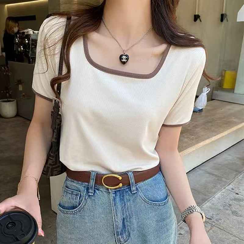 Square-Neck Colour-Block Top – Slim Fit, Ribbed, Short Sleeve