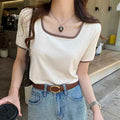 Square-Neck Colour-Block Top – Slim Fit, Ribbed, Short Sleeve