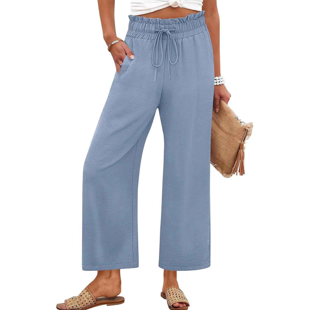 Lace-Trim Drawstring Cropped Wide-Leg Pants