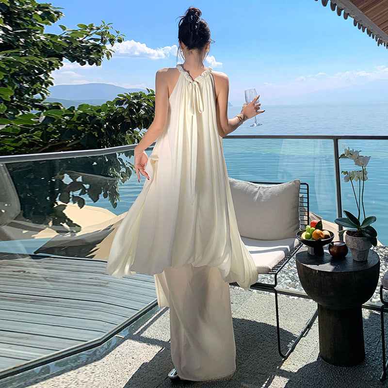 Women's White Satin Halter Maxi Dress — Asymmetric & Slit Back