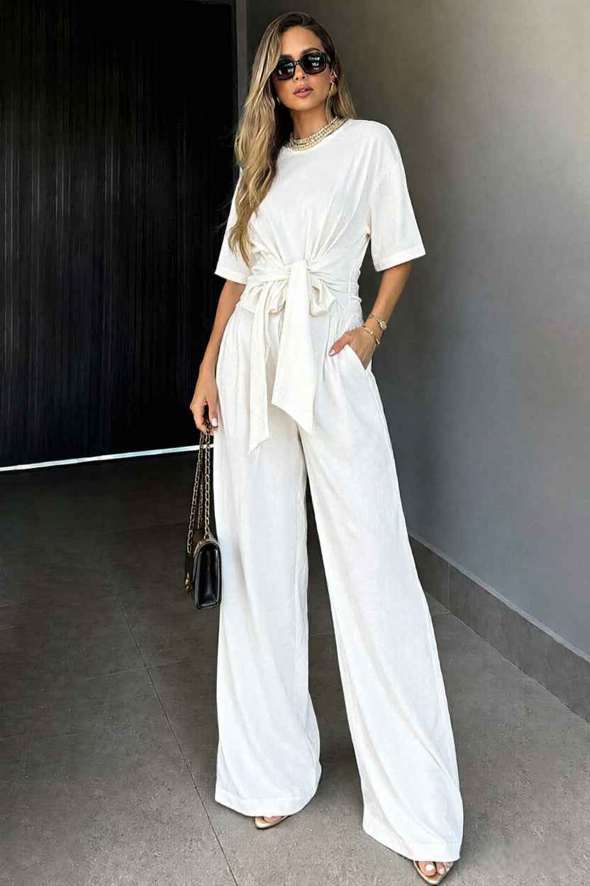Round-neck Short-sleeve Top And Loose Wide-leg Pants Set