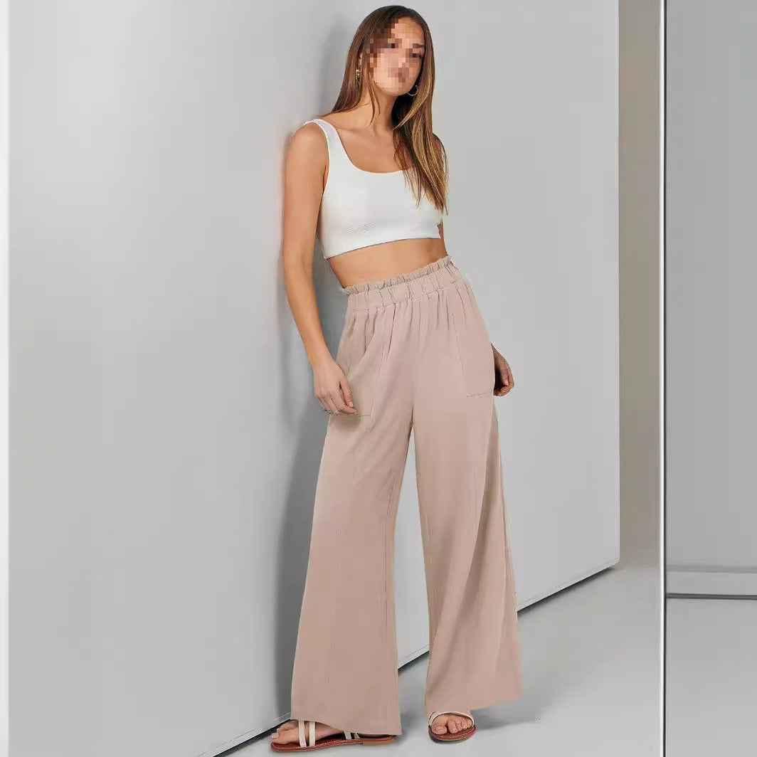 Solid-color High-waisted Loose-fit Casual Wide-leg Pants