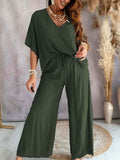 V-Neck Batwing Sleeve Loose Top & Drawstring High Waist Wide Leg Pants Two Piece Casual Outfit Set