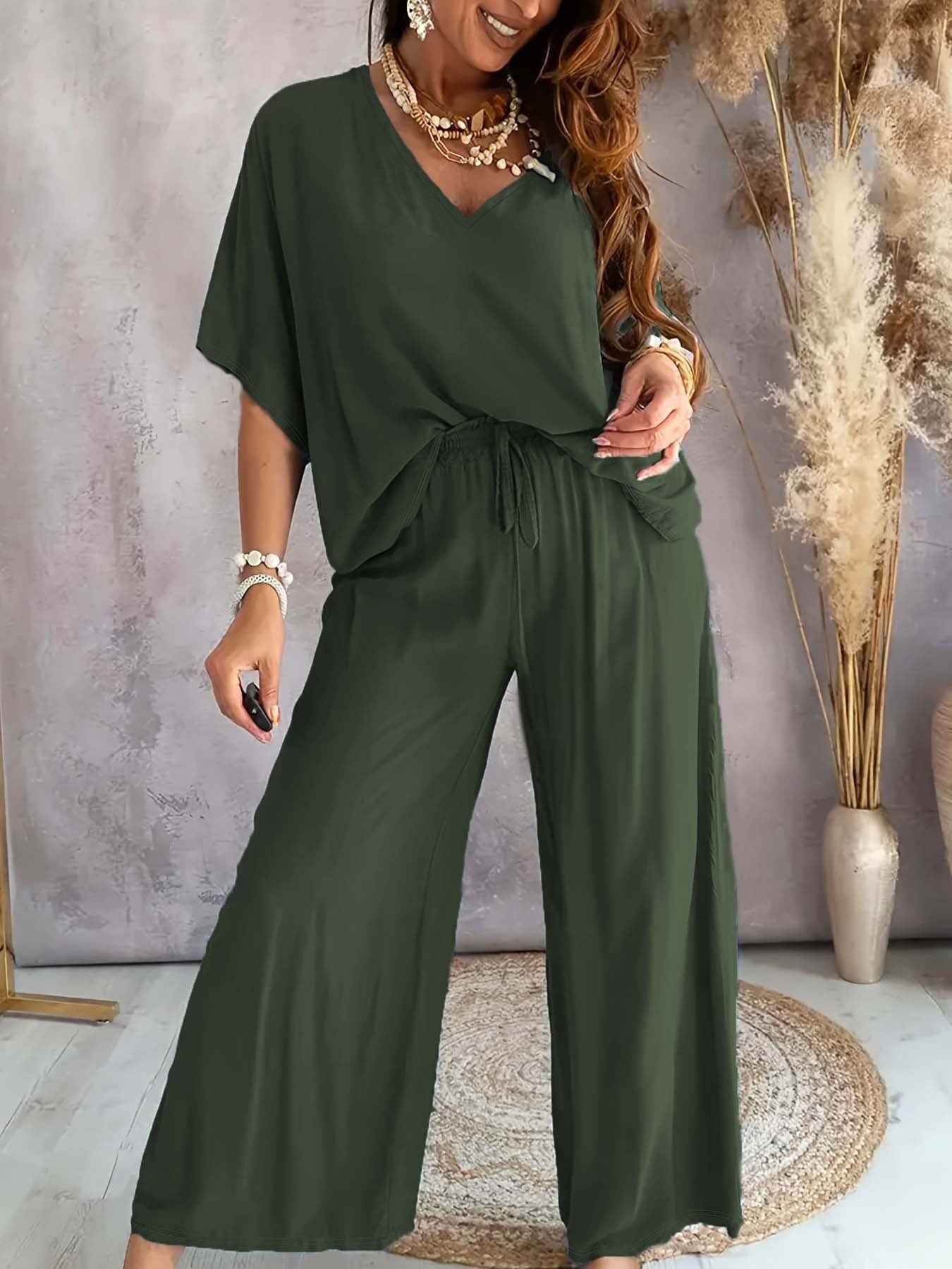V-Neck Batwing Sleeve Loose Top & Drawstring High Waist Wide Leg Pants Two Piece Casual Outfit Set