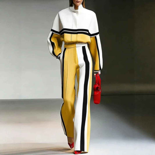 Colour-Block Sporty Hoodie & Wide-Leg Pants Set