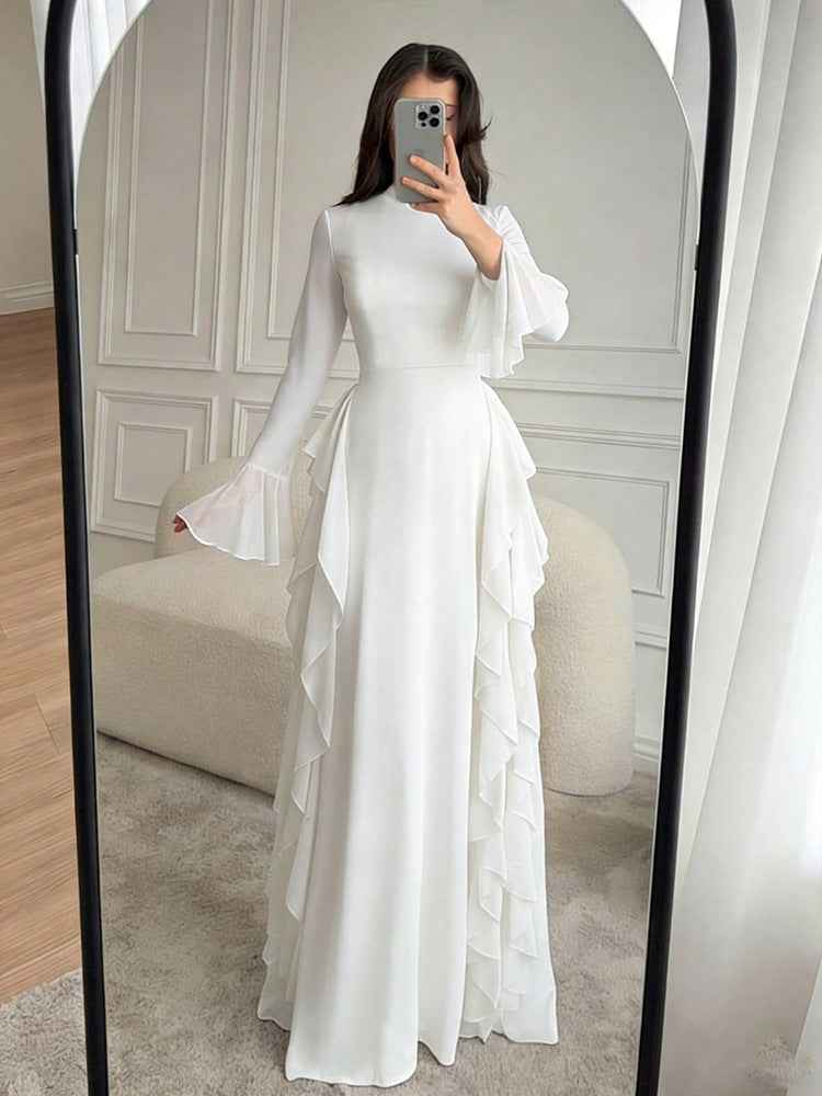 Mock Neck Flare Sleeve Ruffle Trim Solid Maxi Evening Dress