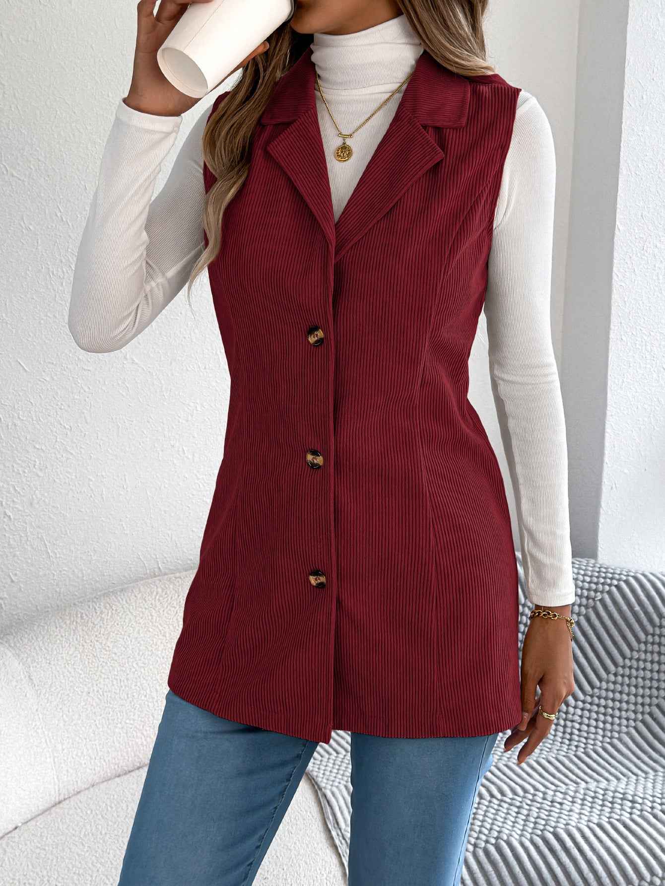 Corduroy Button-Front Cardigan Jacket — Suit Collar
