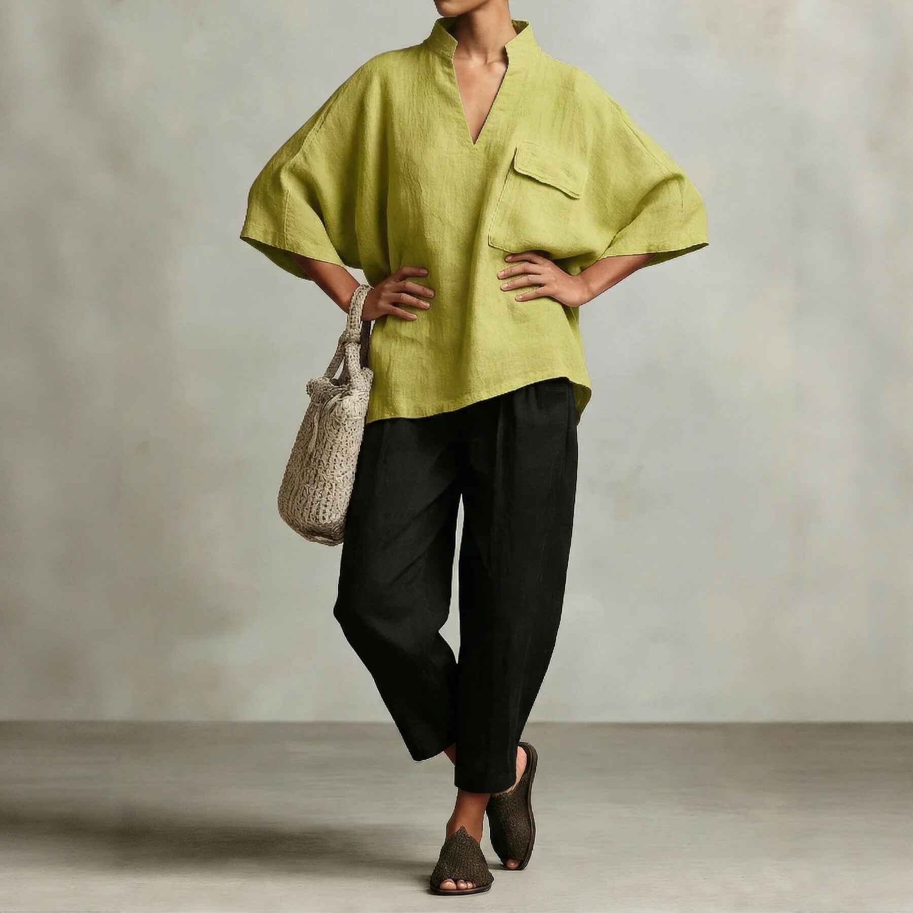 Cotton Linen Batwing Sleeve Shirt – Relaxed V-Neck with Pockets