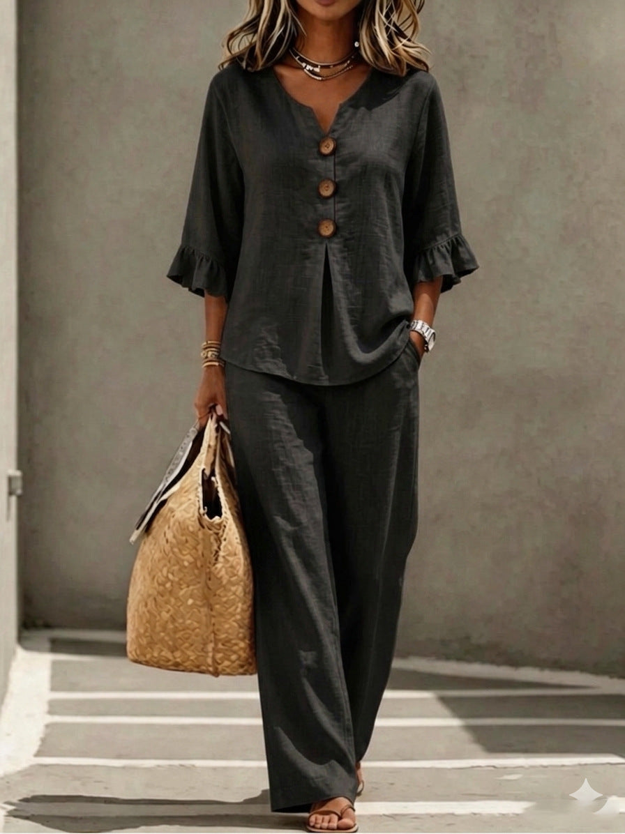 Solid Colour V-Neck Ruffle Three-Quarter Sleeve Top & Pants Set