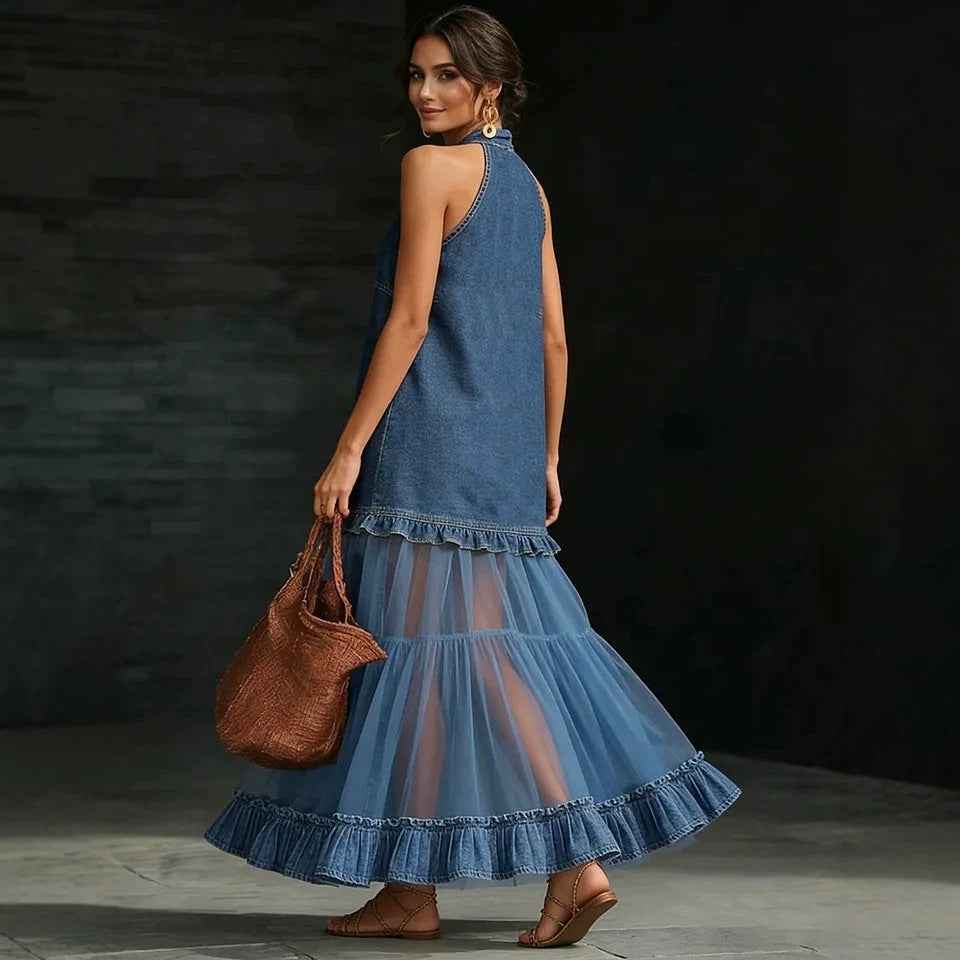 Women's Retro Denim-Style Patchwork Maxi Dress