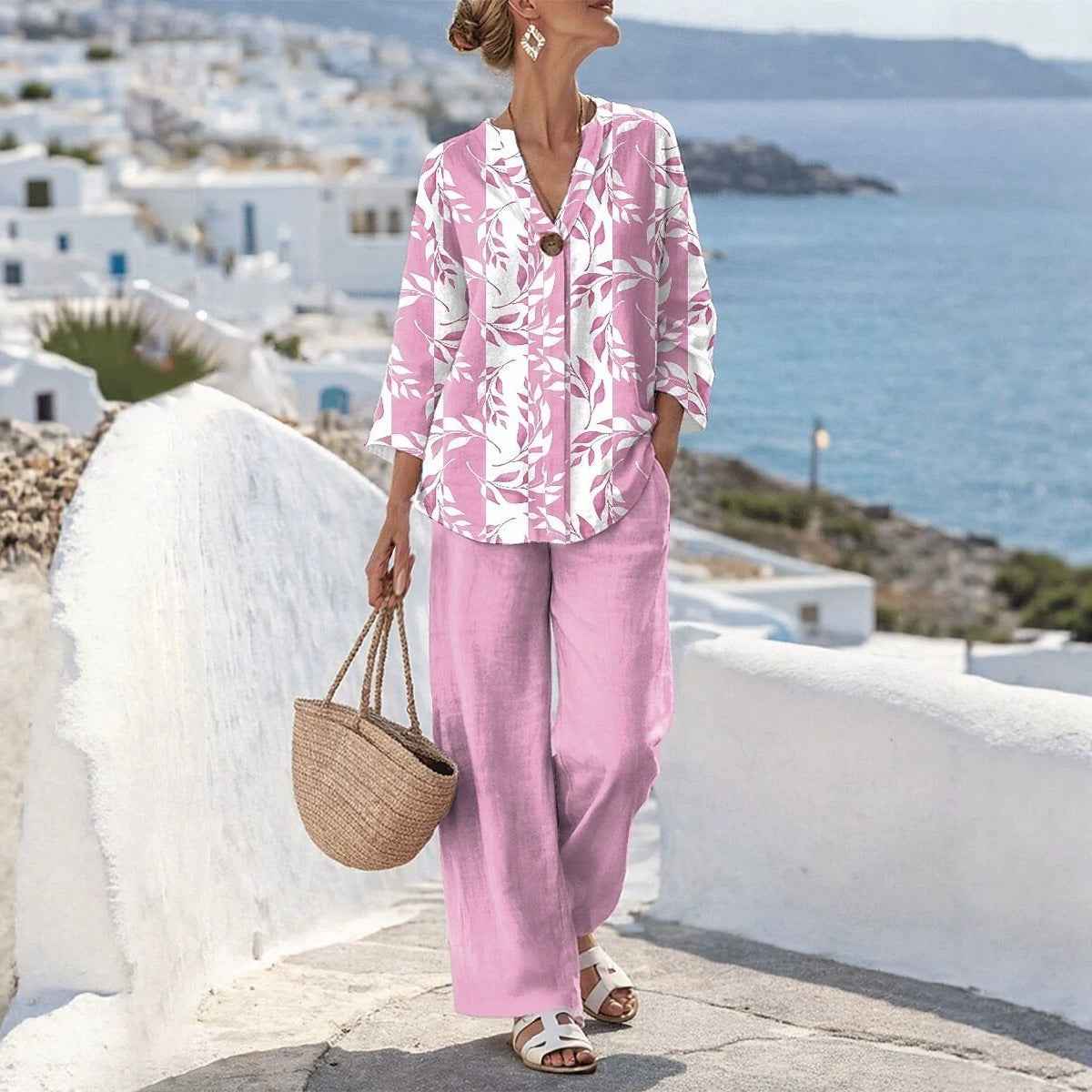 Linen V-Neck Printed Shirt Casual Resort Two-Piece Set