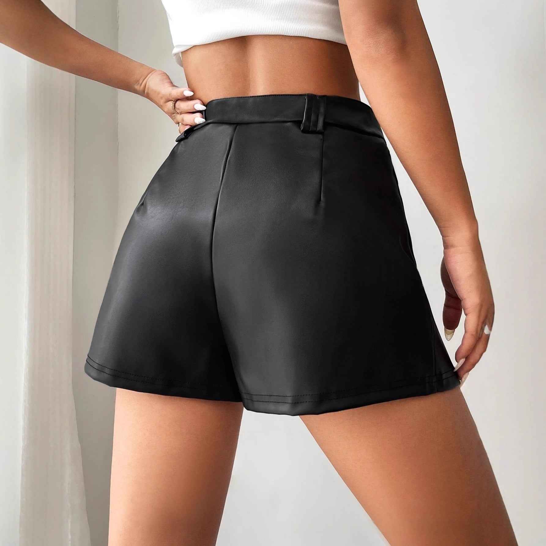 Women's High-Waist Slim Leather Patchwork Shorts