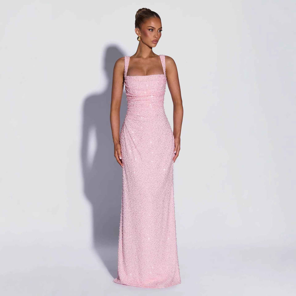 Sequined Solid-color Strapless Sleeveless Slip Dress With A Slit And A Fitted Waist
